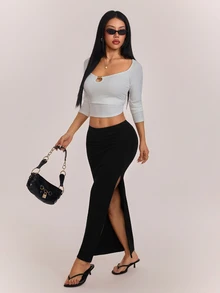 SHEIN PETITE 女款黑色百褶高開衩派對裙（除天鵝絨面料） - 黑色 - 查看 4