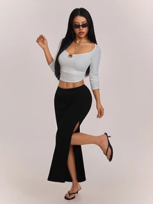 SHEIN PETITE 女款黑色百褶高開衩派對裙（除天鵝絨面料） - 黑色 - 查看 7