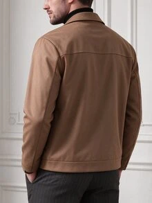 Core Aspect Men's Old Money Style Faux Suede Jacket, Lapel Double Zipper Minimalist Outerwear, Casual Daily Commute Outfit - Khaki - View 2