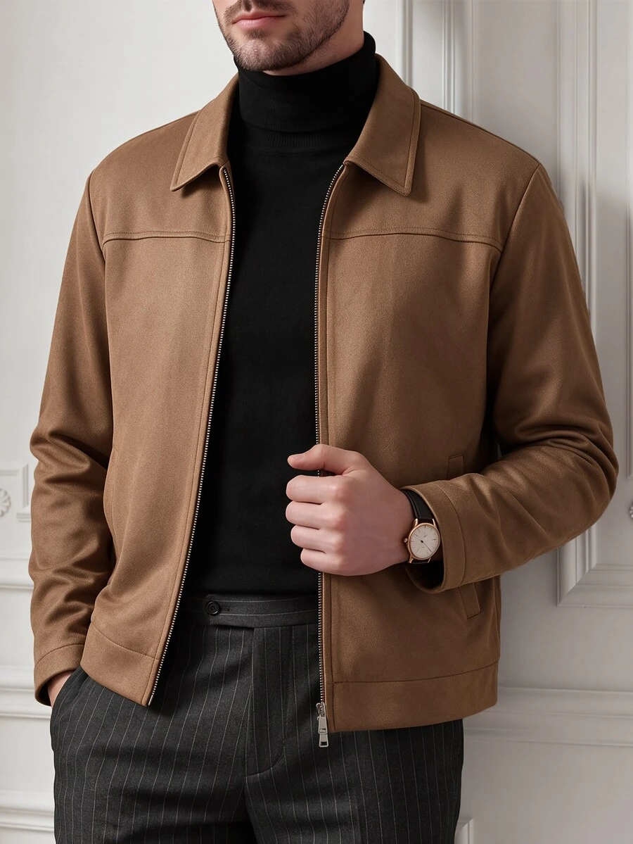 Core Aspect Men's Old Money Style Faux Suede Jacket, Lapel Double Zipper Minimalist Outerwear, Casual Daily Commute Outfit - Khaki - View 1
