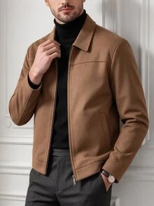 Core Aspect Men's Old Money Style Faux Suede Jacket, Lapel Double Zipper Minimalist Outerwear, Casual Daily Commute Outfit - Khaki - View 5