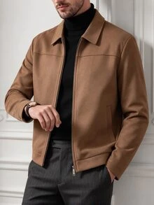 Core Aspect Men's Old Money Style Faux Suede Jacket, Lapel Double Zipper Minimalist Outerwear, Casual Daily Commute Outfit - Khaki - View 4