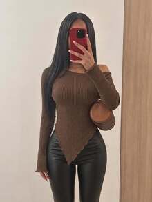SHEIN SXY Grunge Asymmetrical Neck Rib-Knit Tee,Fall Women Going Out Tops - Brown - View 2