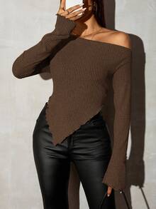 SHEIN SXY Grunge Asymmetrical Neck Rib-Knit Tee,Fall Women Going Out Tops - Brown - View 7