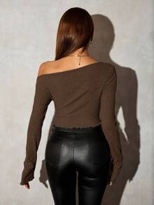 SHEIN SXY Grunge Asymmetrical Neck Rib-Knit Tee,Fall Women Going Out Tops - Brown - View 4