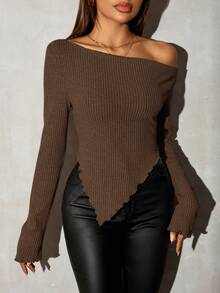 SHEIN SXY Grunge Asymmetrical Neck Rib-Knit Tee,Fall Women Going Out Tops - Brown - View 3
