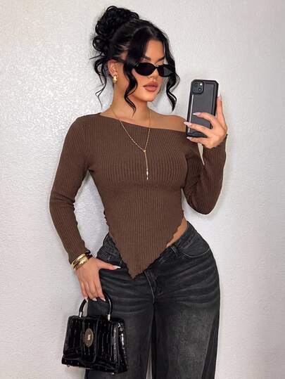SHEIN SXY Grunge Asymmetrical Neck Rib-Knit Tee,Fall Women Going Out Tops