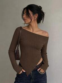 SHEIN SXY Grunge Asymmetrical Neck Rib-Knit Tee,Fall Women Going Out Tops - Brown - View 8