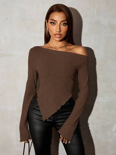 SHEIN SXY Grunge Asymmetrical Neck Rib-Knit Tee,Fall Women Going Out Tops