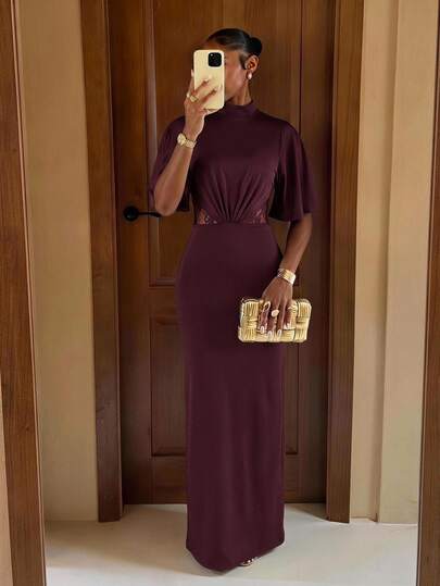 Lumalex Winter Fall Women's Fitted Long Dress With High Neck Flowy Mid-Sleeves And Lace Patchwork Casual Going Out Vacation Outfits Cruise Outfit For Women