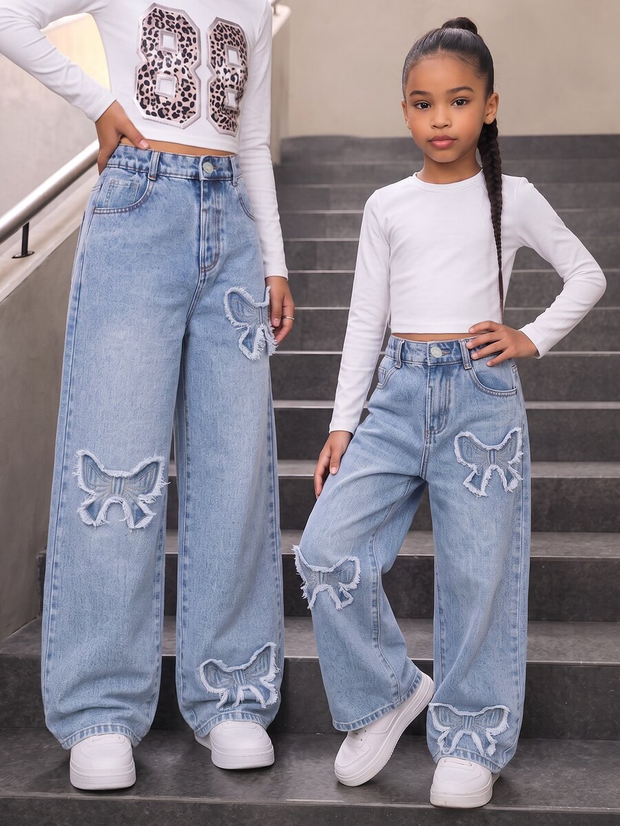 Girls' Ripped Distressed Embroidered Denim Jeans, Vintage Washed Straight Leg Trousers, Streetwear - Light Wash - View 1
