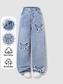 Girls' Ripped Distressed Embroidered Denim Jeans, Vintage Washed Straight Leg Trousers, Streetwear - Light Wash - View 4