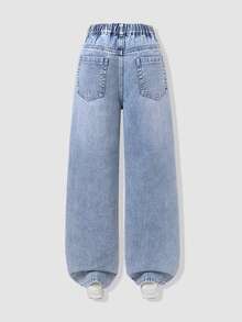 Girls' Ripped Distressed Embroidered Denim Jeans, Vintage Washed Straight Leg Trousers, Streetwear - Light Wash - View 2
