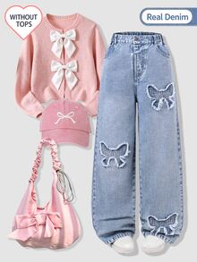 Girls' Ripped Distressed Embroidered Denim Jeans, Vintage Washed Straight Leg Trousers, Streetwear - Light Wash - View 3