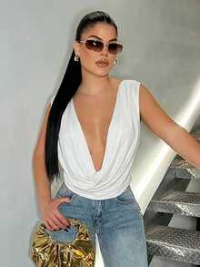 SHEIN SXY 女士白色褶皱无袖荷叶领衬衫，适合夏季电子音乐俱乐部锐舞派对、春季情人节海滩Y2K风格露胸上衣 - 白色 - 查看 1