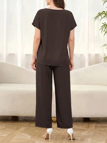 Amorya 女款純色圓領短袖上衣與口袋長褲休閒優雅兩件套 深棕色 夏季 萬聖節 新年 辦公 - 咖啡棕 - 查看 2