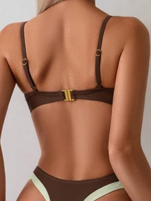 Oceva 2pcs Women's Brown Patchwork Bikini Set,Dark Green,Summer,Classy,Beach,Holiday,Holiday Minimalist Fashion Casual Vacation Bathing Suit Two Piece Set - Coffee Brown - View 2