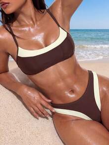 Oceva 2pcs Women's Brown Patchwork Bikini Set,Dark Green,Summer,Classy,Beach,Holiday,Holiday Minimalist Fashion Casual Vacation Bathing Suit Two Piece Set - Coffee Brown - View 1