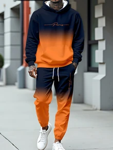 Sorvial Men's Gradient Print Hoodie Sweatshirt Set, Men's Sports Outfit, Suitable For Autumn/Winter - Orange - View 1