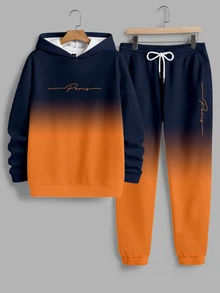 Sorvial Men's Gradient Print Hoodie Sweatshirt Set, Men's Sports Outfit, Suitable For Autumn/Winter - Orange - View 2