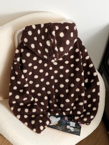 SHEIN 女童復古黑白波點連帽夾克，經典白色底色配黑色波點滿版印花，寬鬆舒適，連帽拉鍊開襟，休閒青春百搭，適合春秋日常上學通勤、週末出遊度假，校園休閒學院風，極簡復古氛圍 - 棕色 - 查看 5