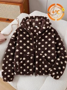 SHEIN 女童復古黑白波點連帽夾克，經典白色底色配黑色波點滿版印花，寬鬆舒適，連帽拉鍊開襟，休閒青春百搭，適合春秋日常上學通勤、週末出遊度假，校園休閒學院風，極簡復古氛圍 - 棕色 - 查看 4
