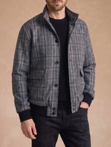Core Aspect 男士極簡通勤夾克，黑白提花格紋立領鈕扣休閒日常外套 - 黑與白 - 查看 5