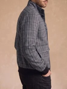 Core Aspect 男士極簡通勤夾克，黑白提花格紋立領鈕扣休閒日常外套 - 黑與白 - 查看 4