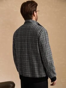 Core Aspect 男士極簡通勤夾克，黑白提花格紋立領鈕扣休閒日常外套 - 黑與白 - 查看 2