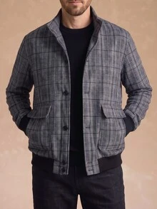 Core Aspect 男士極簡通勤夾克，黑白提花格紋立領鈕扣休閒日常外套 - 黑與白 - 查看 3