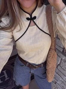 Serisse 女款優雅復古長袖襯衫，青蛙扣設計與飾邊，秋季正式奢華商務早午餐時尚基本款聖誕米色 - 杏色 - 查看 5