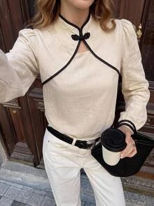 Serisse 女款優雅復古長袖襯衫，青蛙扣設計與飾邊，秋季正式奢華商務早午餐時尚基本款聖誕米色 - 杏色 - 查看 4