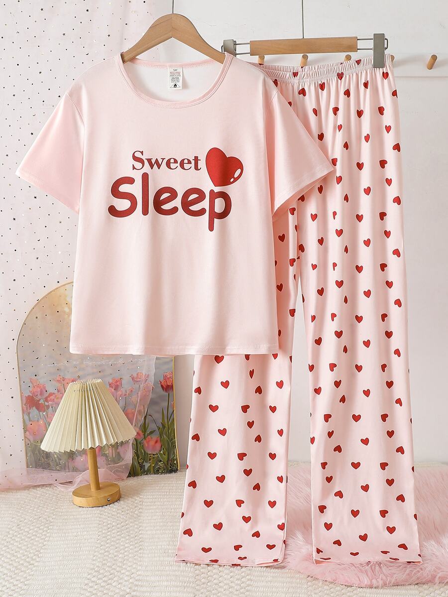 SHEIN Teen Girls New Simple Style Top With Letter Print Front And Plaid Digital Print Pants Home Lounge Set - Pink - View 1