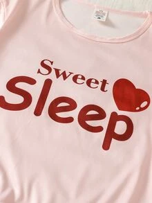 SHEIN Teen Girls New Simple Style Top With Letter Print Front And Plaid Digital Print Pants Home Lounge Set - Pink - View 7