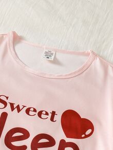 SHEIN Teen Girls New Simple Style Top With Letter Print Front And Plaid Digital Print Pants Home Lounge Set - Pink - View 6