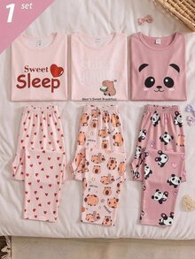 SHEIN Teen Girls New Simple Style Top With Letter Print Front And Plaid Digital Print Pants Home Lounge Set - Pink - View 9