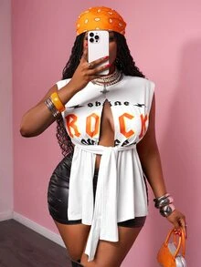 Slaydiva Slayr Plus Size Women's Sleeveless Ripped Knotted Letter Print Street Style Tank Top - White - View 3