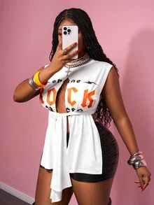 Slaydiva Slayr Plus Size Women's Sleeveless Ripped Knotted Letter Print Street Style Tank Top - White - View 5
