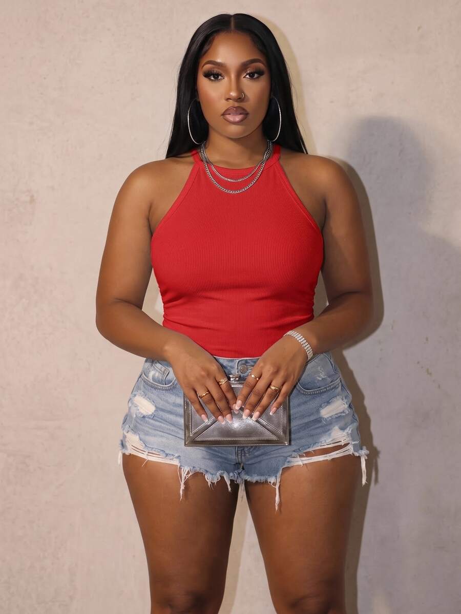 Slaydiva 2026 Spring Summer New Casual Business Casual Basic Versatile Solid Red Ribbed Crew Neck Racer Back Off-Shoulder Women Tank Top Suitable For Dates - Red - View 1