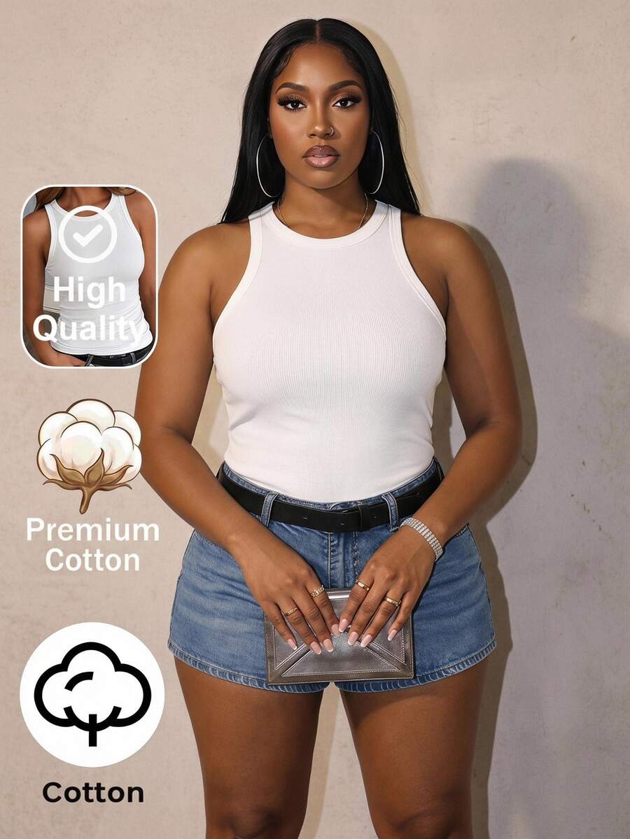 Slaydiva Plus Size Spring/Summer New, Perfect For Music Festivals. Casual Simple Normal Minimalist Basic Street Style White Round Neck Open Shoulder Tank Top