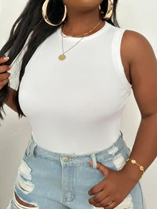 Slaydiva Plus Size Spring/Summer New, Perfect For Music Festivals. Casual Simple Normal Minimalist Basic Street Style White Round Neck Open Shoulder Tank Top - White - View 9