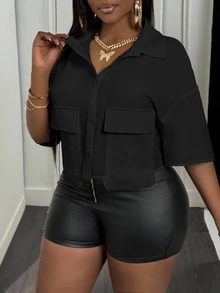 Slaydiva Women's Black Summer Smart Casual Everyday Polo Collar Shortened Workwear Short Sleeve Plus Blouse,Loose Crop Drop Shoulder Shirt With Pockets - Black - View 5