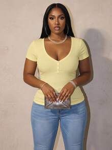 Slaydiva Plus Size Summer Casual Anti Social Baggy Versatile Solid Color T-Shirt Formal Vacation Going Out Soft Yellow - Light Yellow - View 1