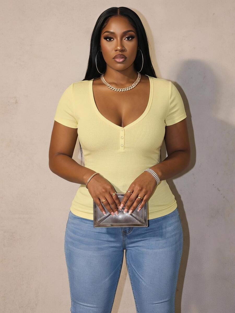 Slaydiva Plus Size Summer Casual Anti Social Baggy Versatile Solid Color T-Shirt Formal Vacation Going Out Soft Yellow - Light Yellow - View 1