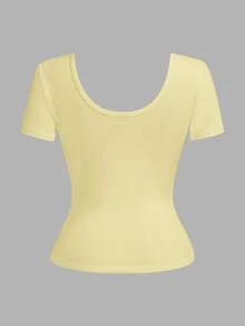 Slaydiva Plus Size Summer Casual Anti Social Baggy Versatile Solid Color T-Shirt Formal Vacation Going Out Soft Yellow - Light Yellow - View 2