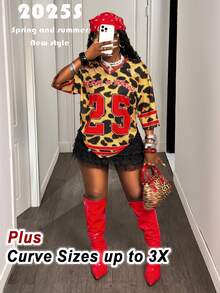 Slaydiva Plus 2025 Casual Leopard Tee,Khaki,Summer,Grunge,Everyday Vacation Music Festival,Western Nomadic Style,Birthday,Graduation,Student Wear - Multicolor - View 3