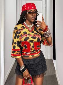 Slaydiva Plus 2025 Casual Leopard Tee,Khaki,Summer,Grunge,Everyday Vacation Music Festival,Western Nomadic Style,Birthday,Graduation,Student Wear - Multicolor - View 5