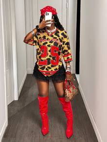 Slaydiva Plus 2025 Casual Leopard Tee,Khaki,Summer,Grunge,Everyday Vacation Music Festival,Western Nomadic Style,Birthday,Graduation,Student Wear - Multicolor - View 4