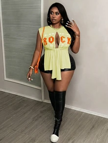 Slaydiva Slayr Plus Size Streetwear Sexy Sleeveless Ripped Knotted Letter Print Vest For Women Going Out Light Yellow Summer - Light Yellow - View 3