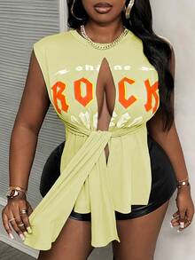 Slaydiva Slayr Plus Size Streetwear Sexy Sleeveless Ripped Knotted Letter Print Vest For Women Going Out Light Yellow Summer - Light Yellow - View 5